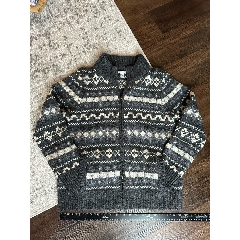 L.L. Bean Gray Front Zip Cardigan Sweater SZ Medium Fair Isle 100%‎ Lambswool